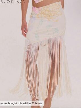 SHEIN Cream Floral High-Low Fringe Maxi Skirt
